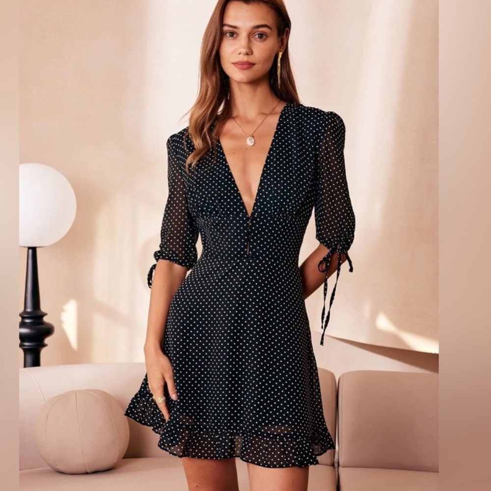 Rihoas Black Deep V Neck Polka Dot Mini Dress Small NWT